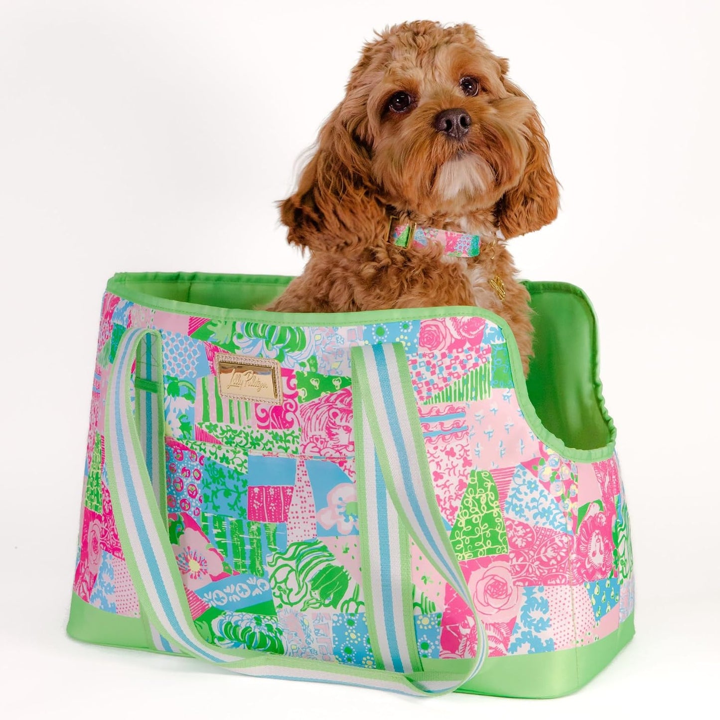 Lilly Pulitzer Small Pet Carrier with Removable Padded Insert, Shoulder Straps, 60 lb Capacity, Open-Top with Gold Buckle Closure & Safety Clip, and Exterior Pocket (Crazy Quilt Home) - Image 7