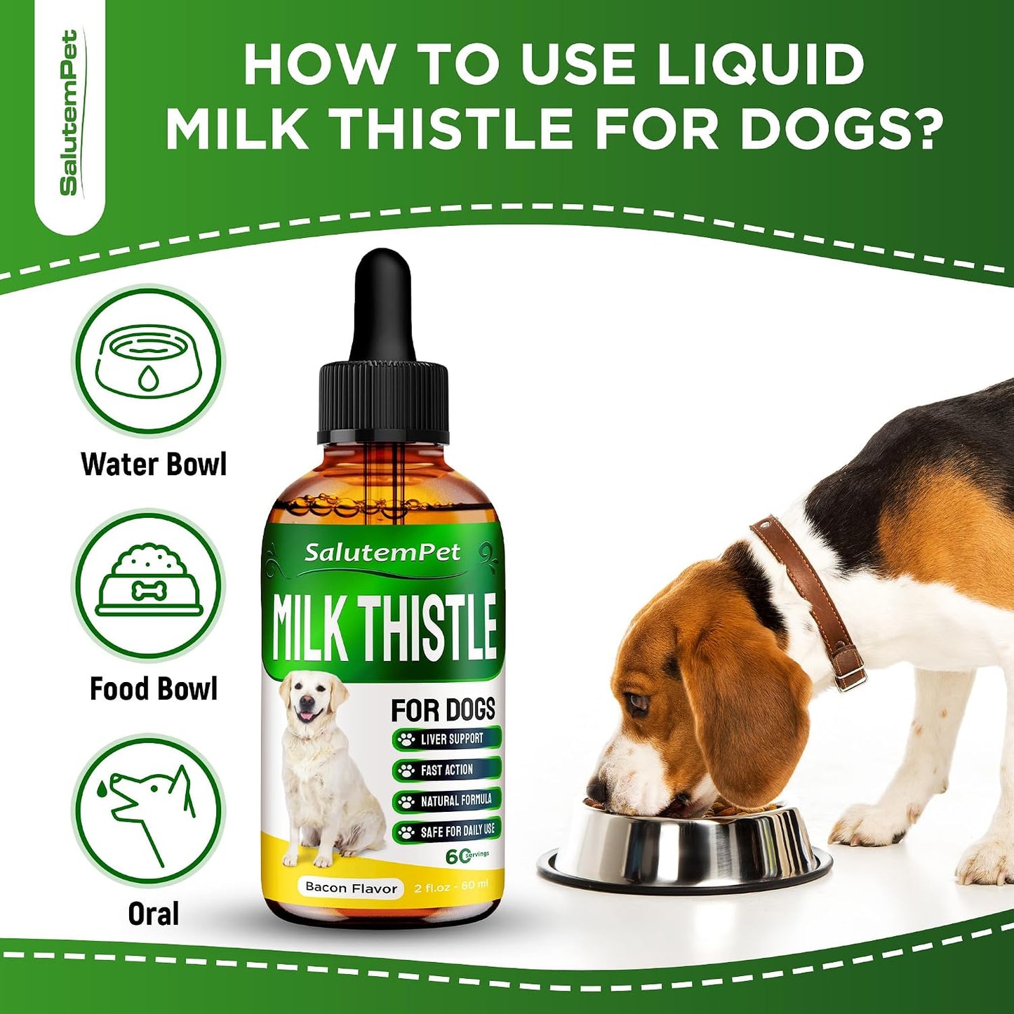SalutemPet bacon flavored pet supplement bottle with a silicone dropper.