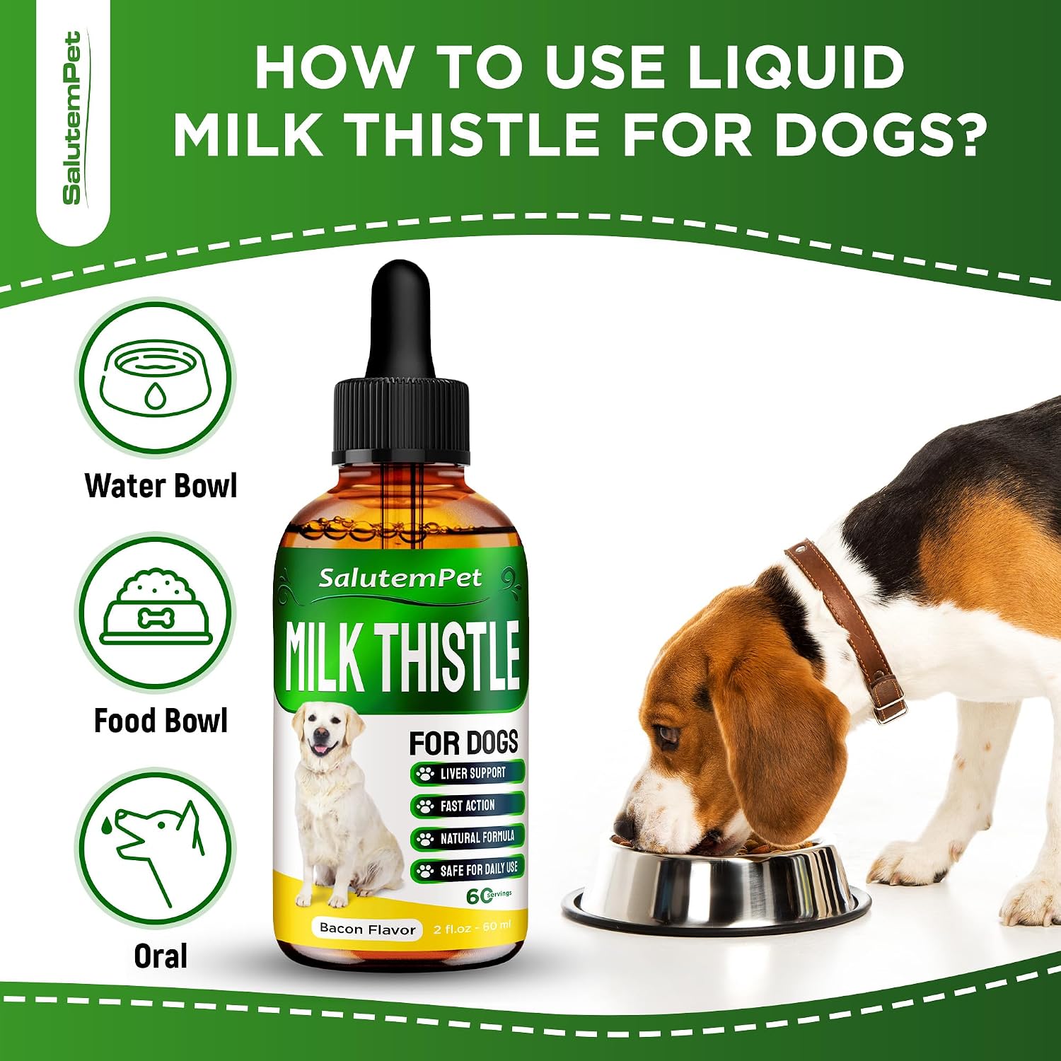 SalutemPet bacon flavored pet supplement bottle with a silicone dropper.