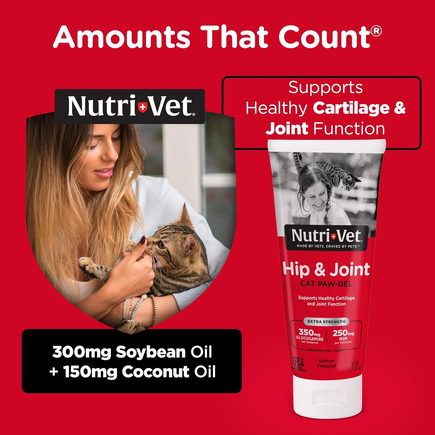Cat licking Nutri-Vet hip and joint support gel off its paw.