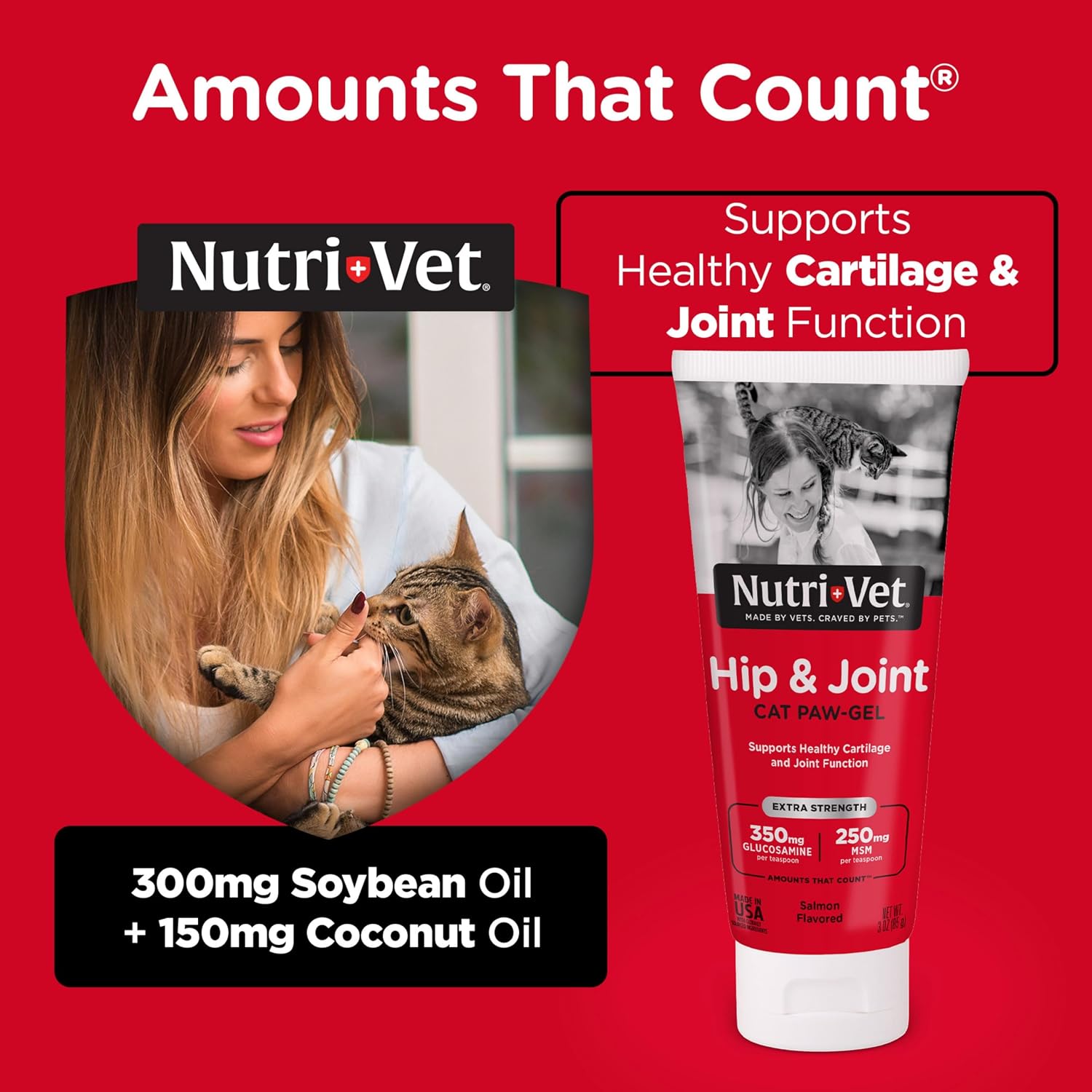 Cat licking Nutri-Vet hip and joint support gel off its paw.