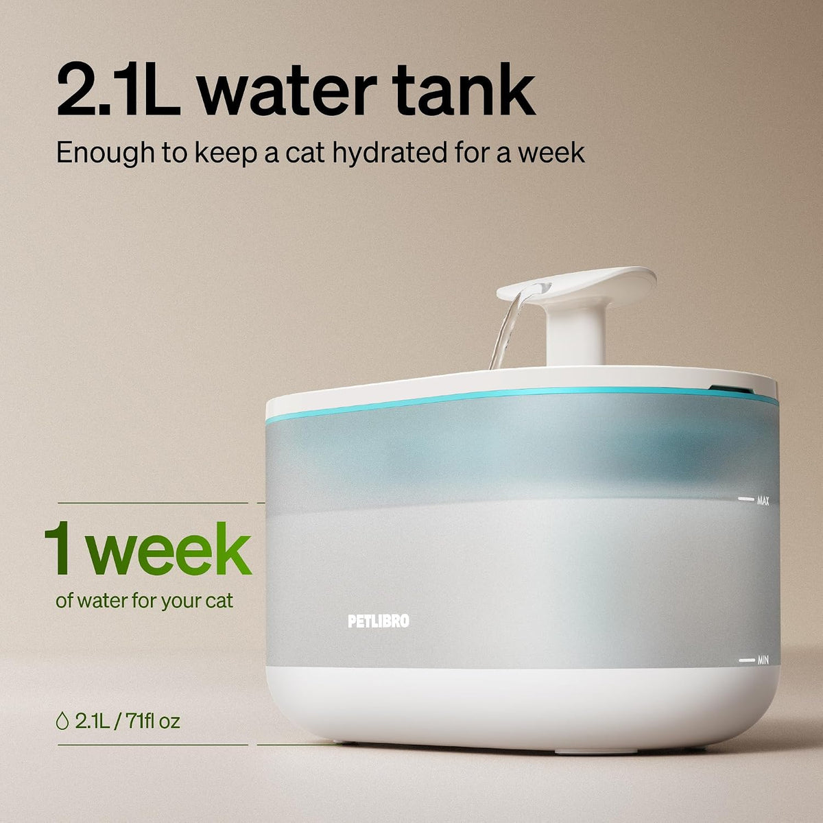 Side profile of Petlibro water fountain with visible water level
