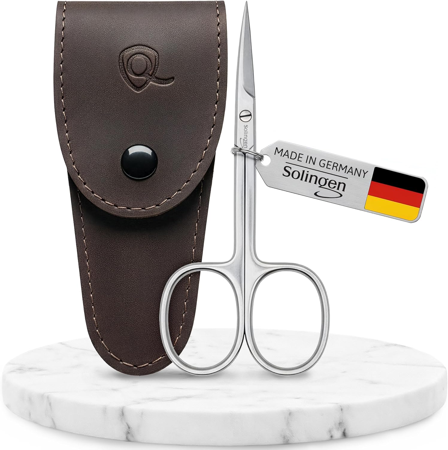 marQus Solingen Curved Cuticle Scissors front view showing the precise German steel blades and elegant brown leather case.