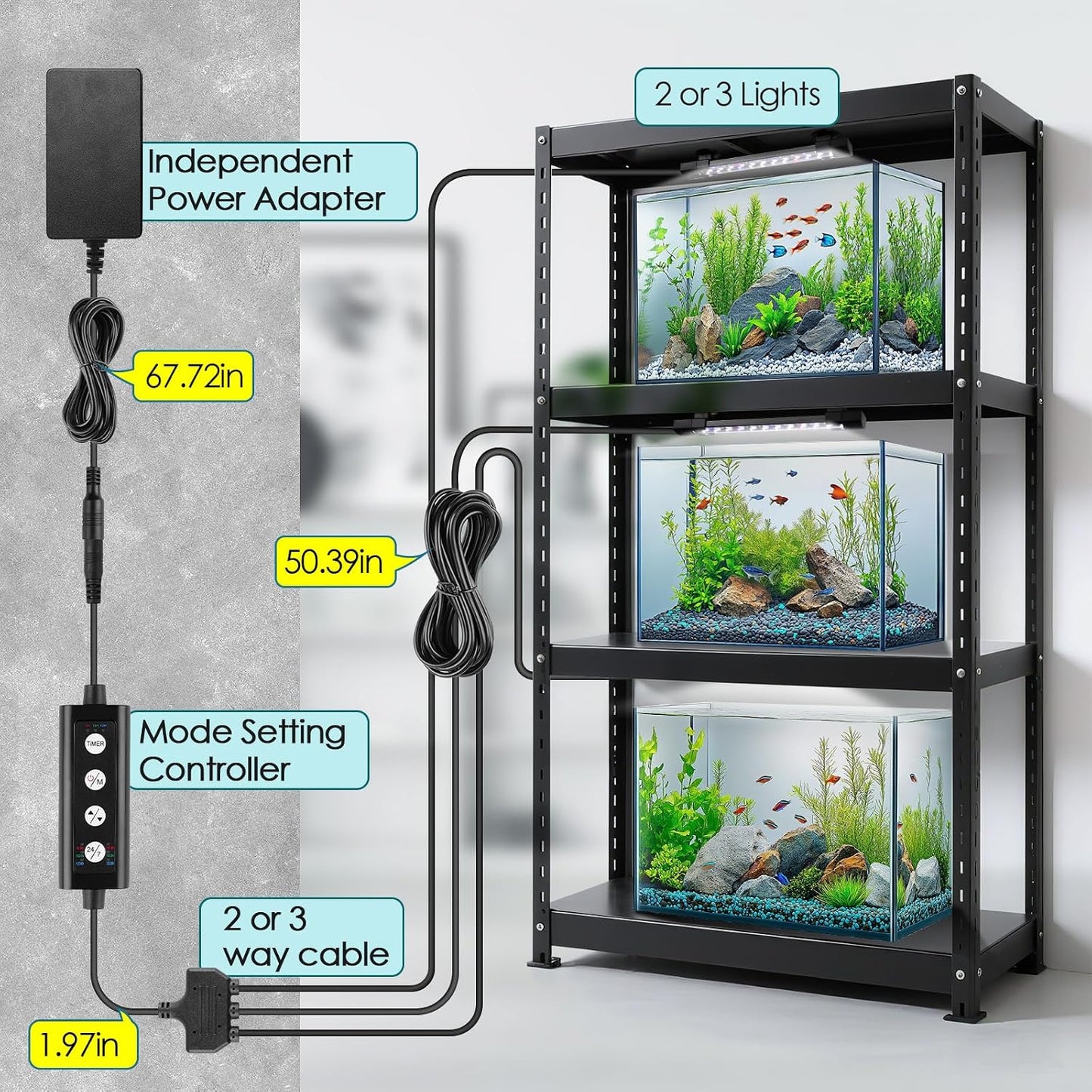 Multi channel controller setup managing three separate nano aquarium tanks with synchronized sunrise lighting.