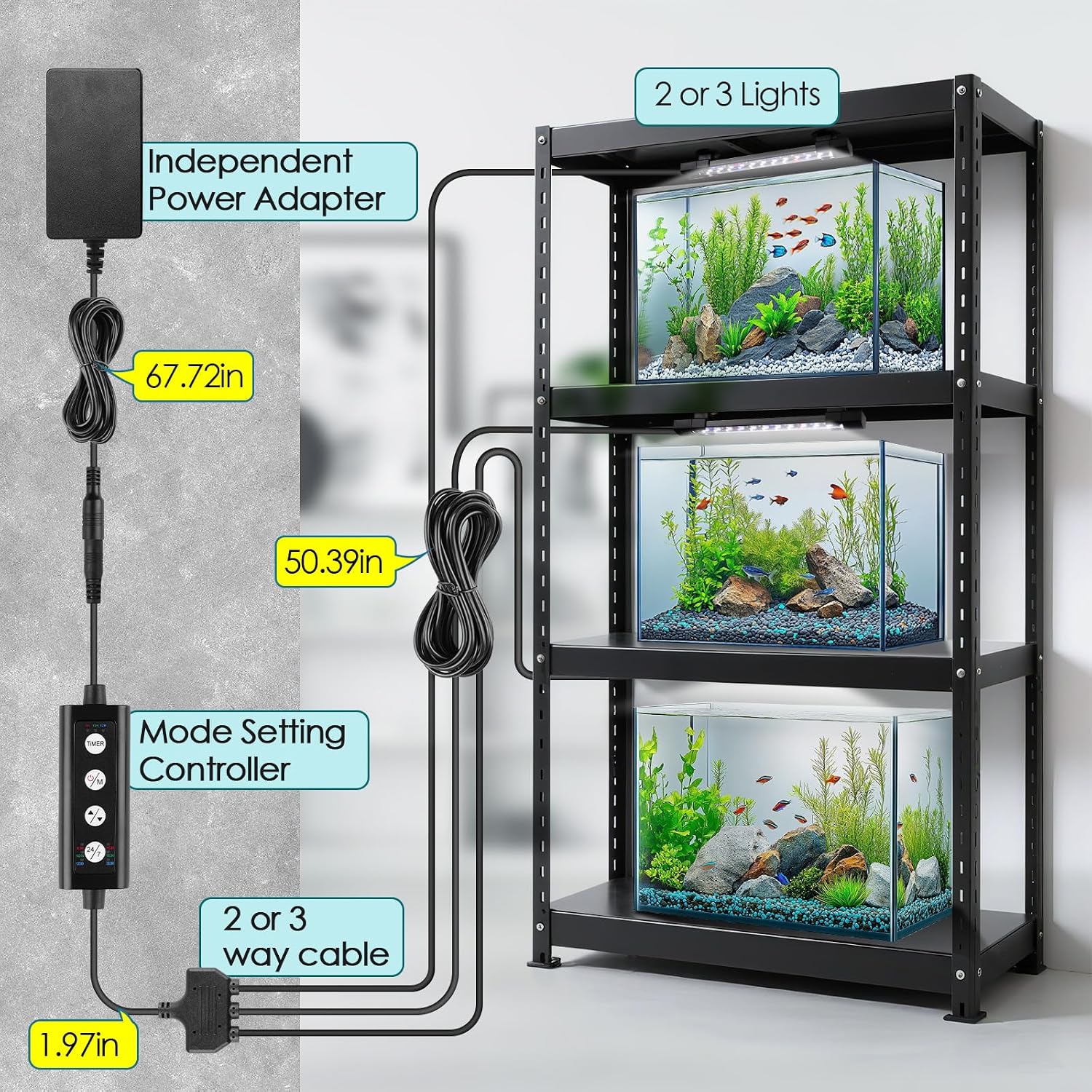 Multi channel controller setup managing three separate nano aquarium tanks with synchronized sunrise lighting.