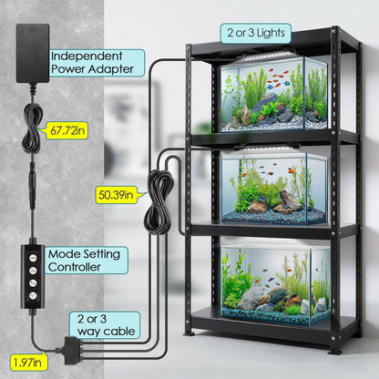 Multi channel controller setup managing three separate nano aquarium tanks with synchronized sunrise lighting.
