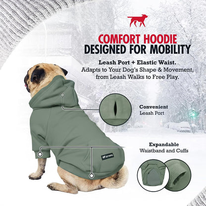 Side profile of a medium breed dog wearing the authentic imported Tuff Pupper hooded winter sweatshirt.