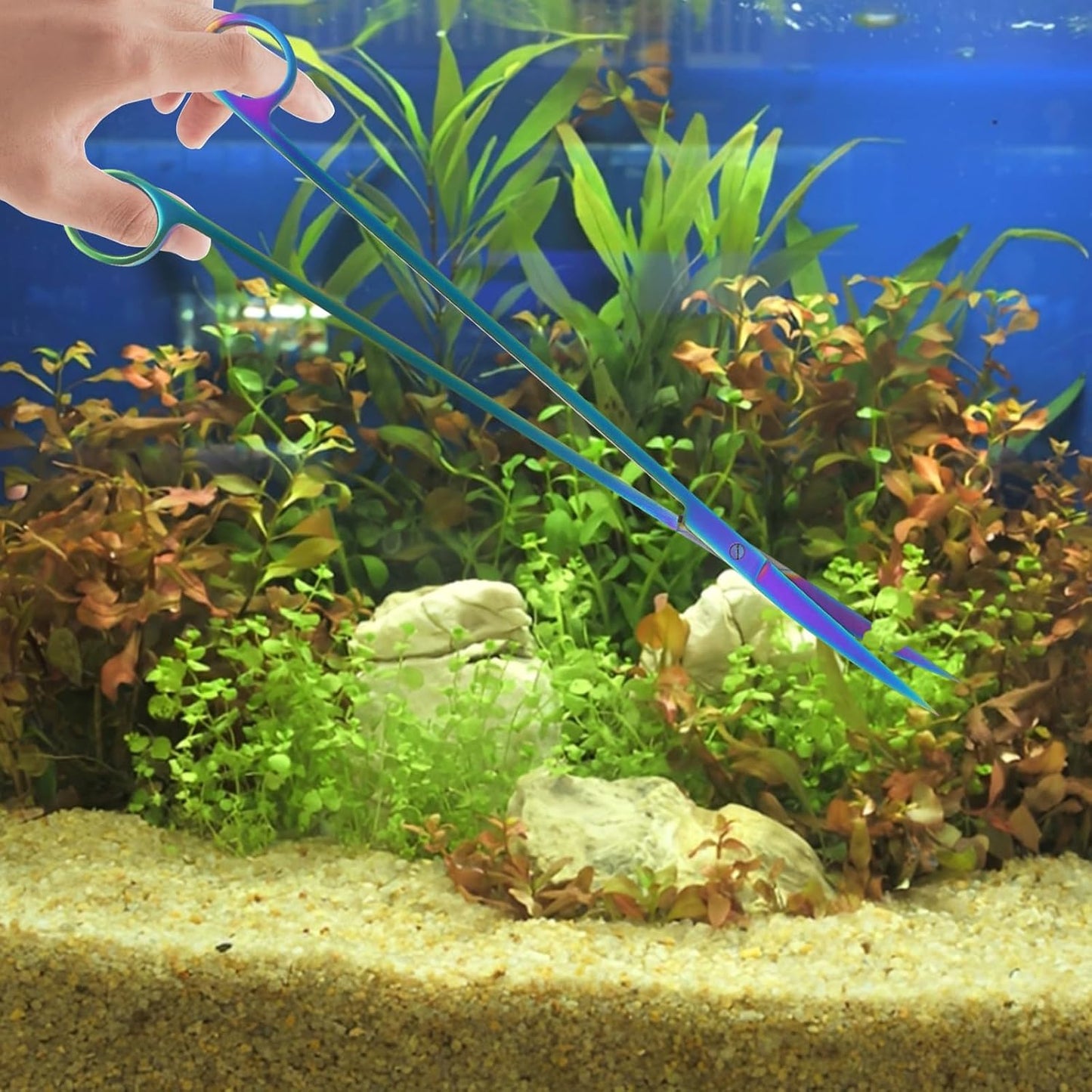 Close up of the delicate clip ends on Funnytek stainless steel aquascaping tweezers