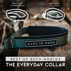 Martingale style no pull dog collar showcasing the durable black metal D ring.
