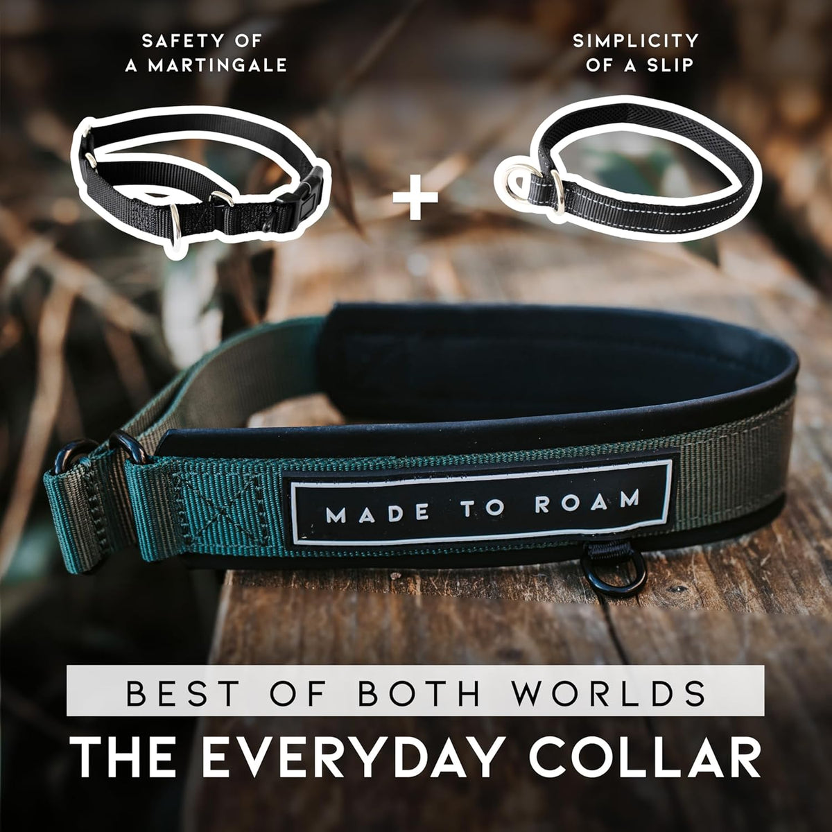 Martingale style no pull dog collar showcasing the durable black metal D ring.