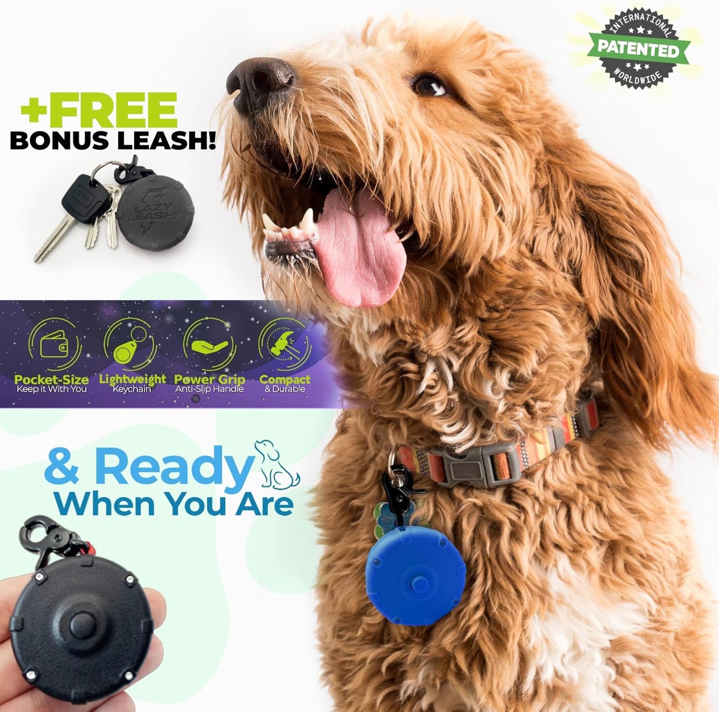 Lazy Leash wearable hands free dog lead clipped securely to a person's belt loop for outdoor hiking.