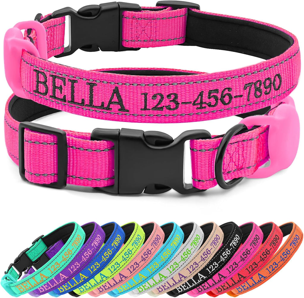 Personalized Dog Collar with Embroidered Name and Phone, Nylon Collar for Dog with Silicone Holder for AirTag, Neoprene Lining, Plastic Quick-Release Buckle (Pink) - Image 14
