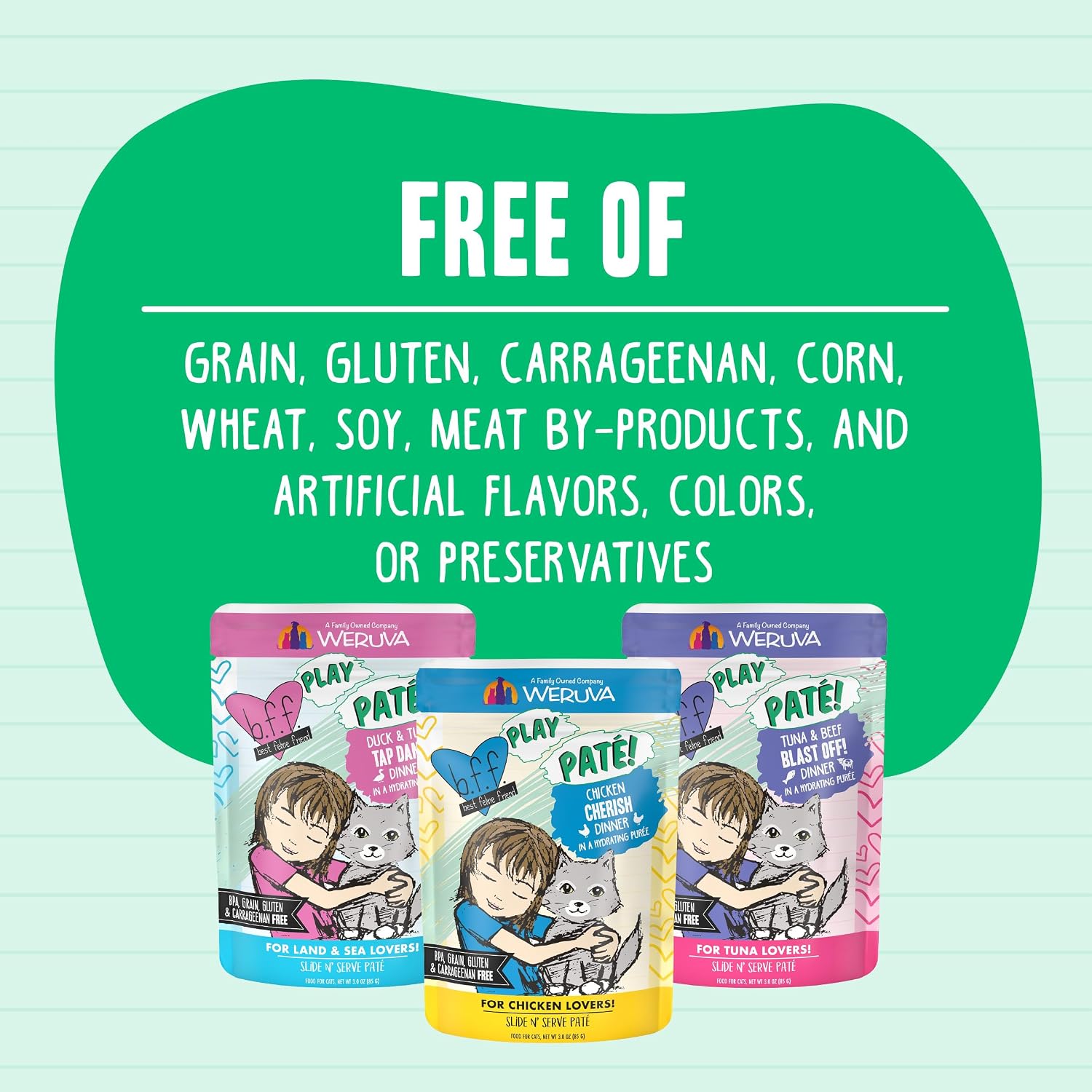 Weruva B.F.F Play Tuna and Salmon Shhh grain free gluten free wet cat food pouch packaging design.
