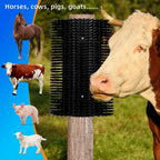 Black livestock scratch brush being used by farm animals for safe itch relief