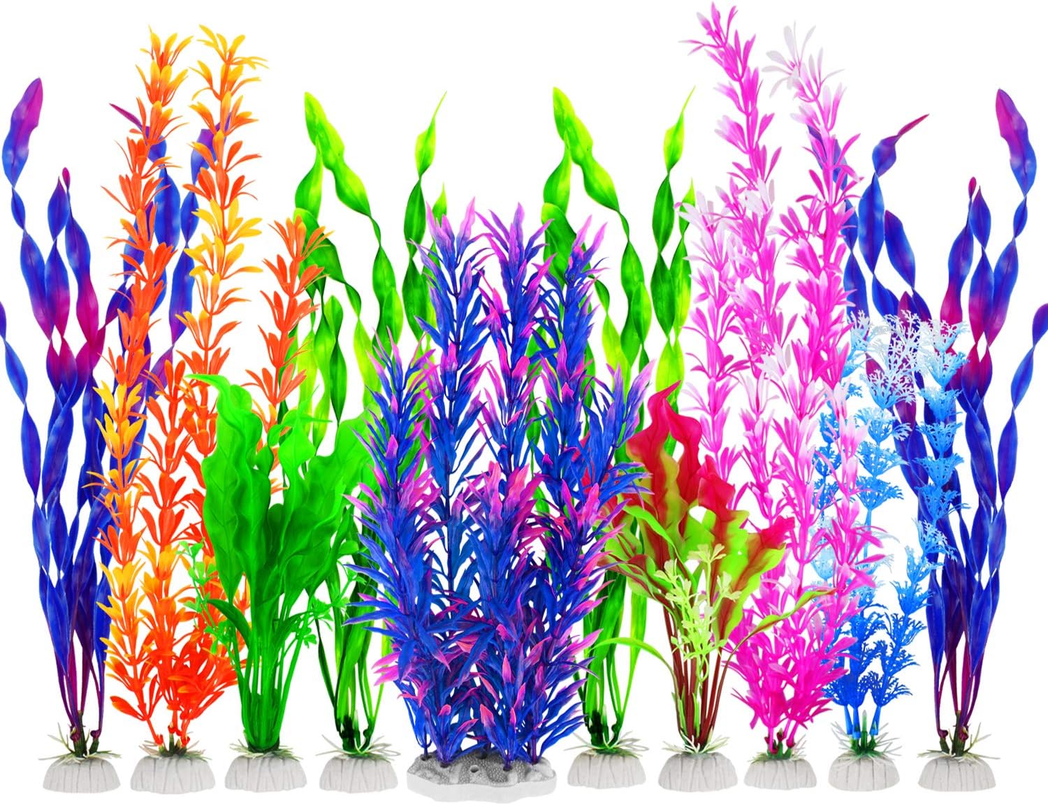 MyLifeUNIT artificial aquarium plants ten pack blue front view inside a fish tank setup.
