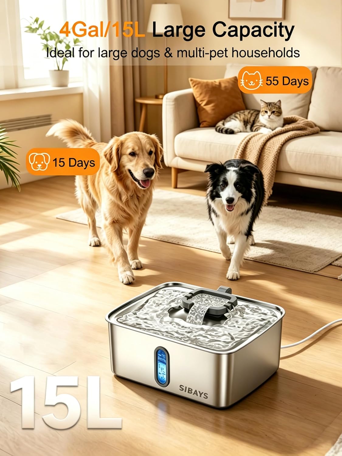 Sibays large pet water fountain showing LED light window