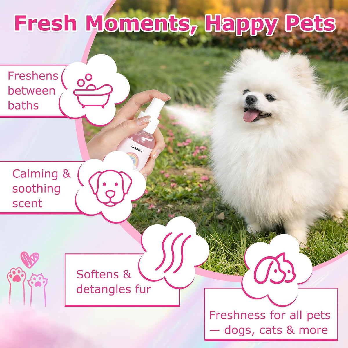 Alcohol free pet perfume for dogs and cats bottle display