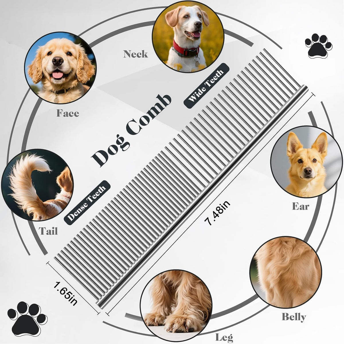 Ergonomic handle dog grooming brush designed to minimize hand fatigue.
