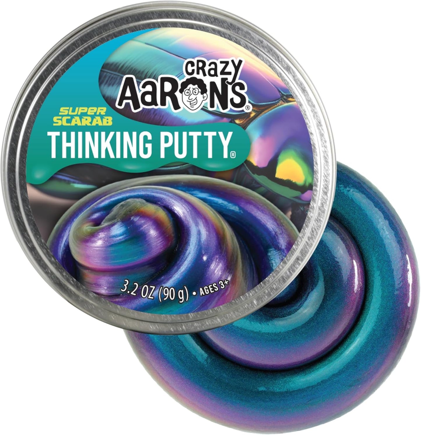 Crazy Aaron's Super Scarab Thinking Putty four inch tin front view showcasing the color shifting metallic packaging.