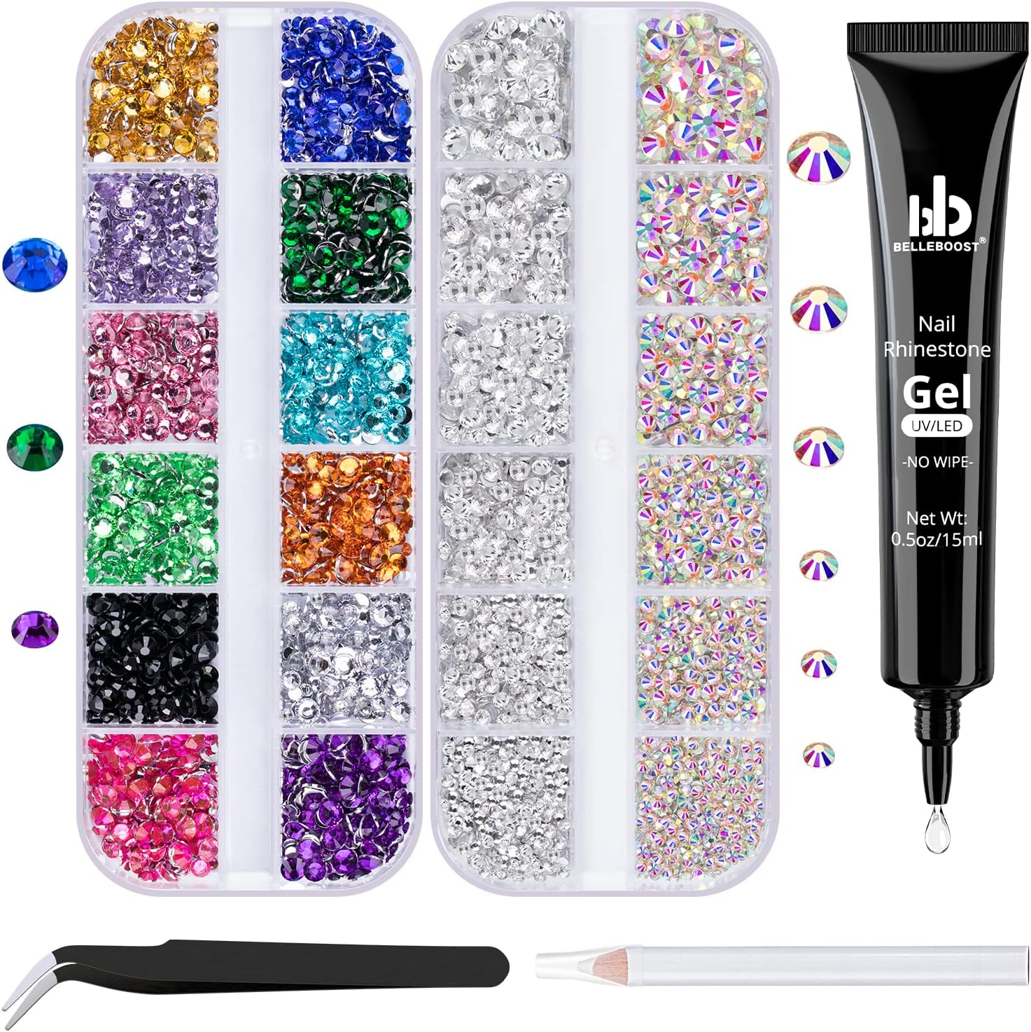 Belleboost Nail Art Rhinestone Kit front view showing gel and gems