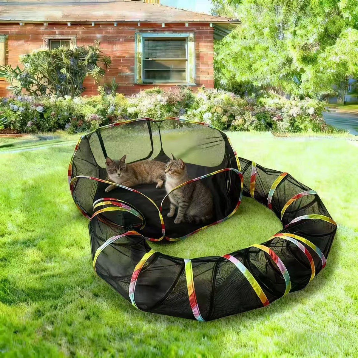 CLKHOWL outdoor cat enclosure front view showing the pop up rainbow mesh tent and connected play tunnel