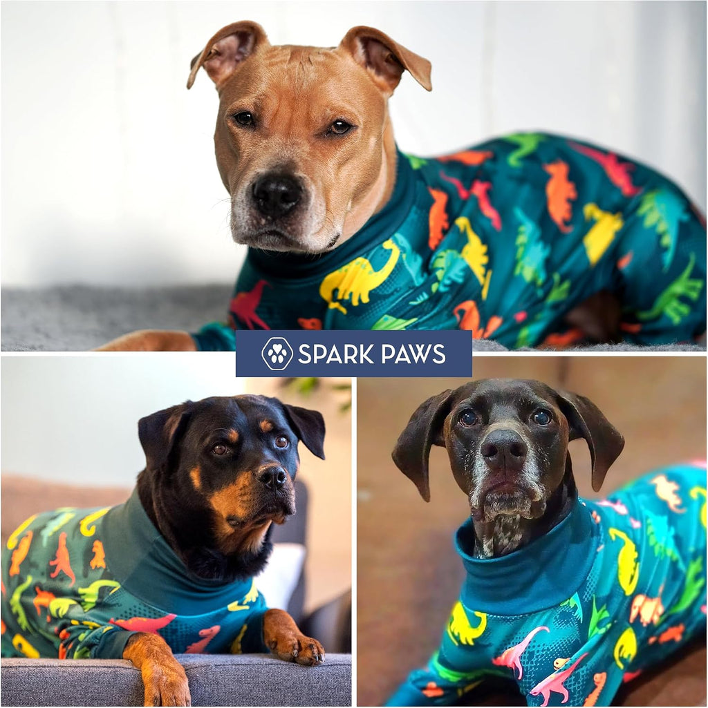 Spark Paws anti anxiety dog pajama folded neatly displaying the vibrant dinosaur print.