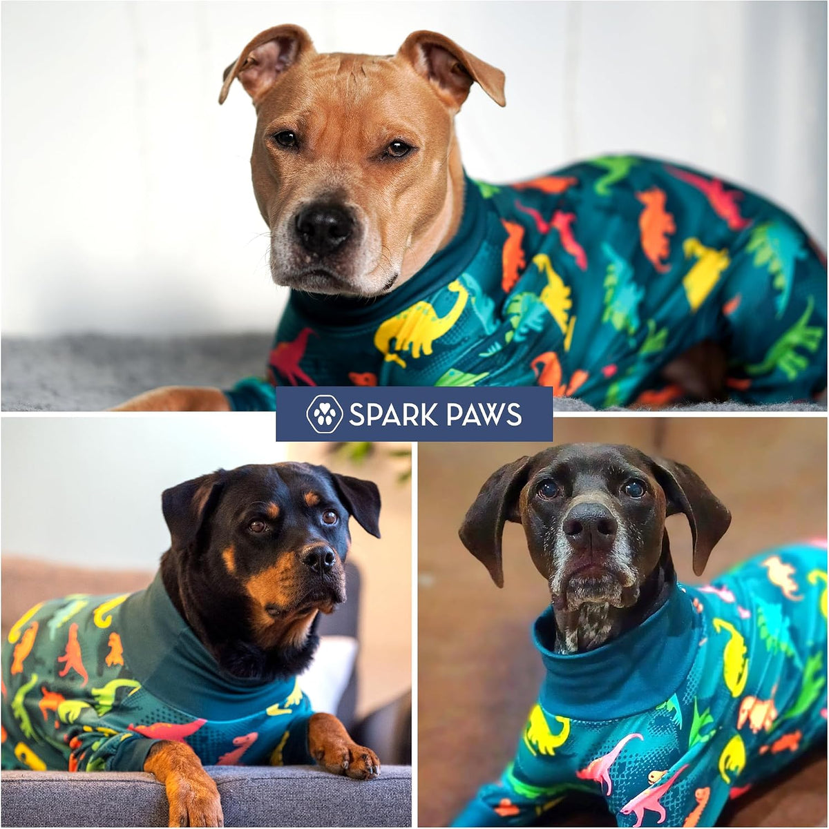 Spark Paws anti anxiety dog pajama folded neatly displaying the vibrant dinosaur print.