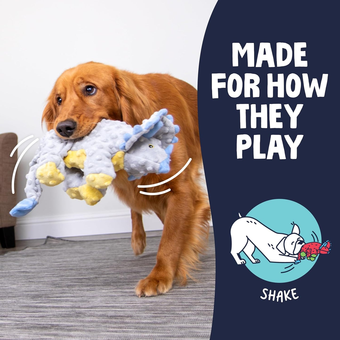 Under-stuffed gray dinosaur plush pet product designed for low mess active play