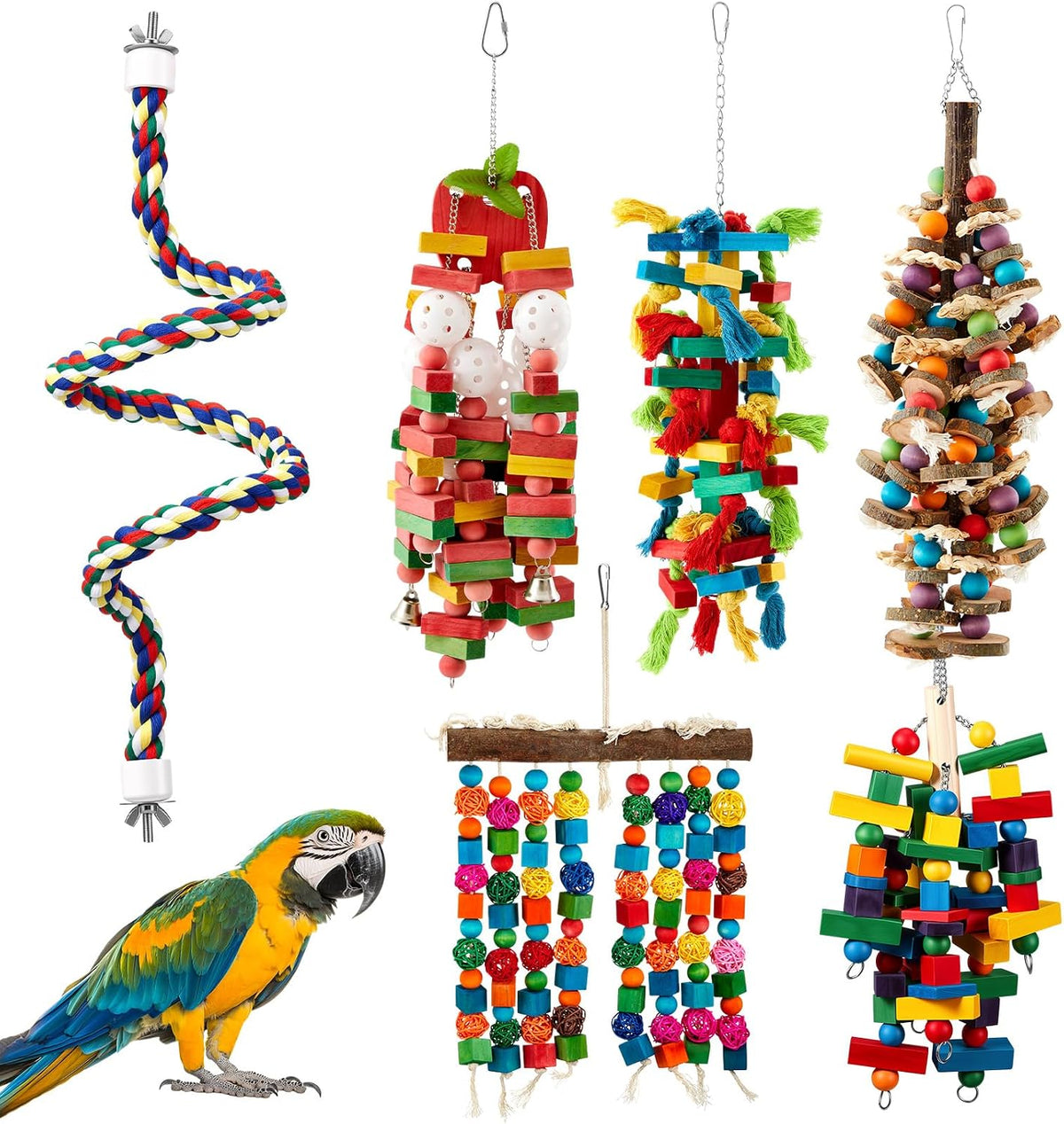 Seenelling 4 Pcs Extra Large Bird Parrot Toy Multicolored Natural Wooden Parrot Cage Chewing Toys for Large Medium Macaws Cockatoos African Grey Birds (Block and Ball) - Image 13