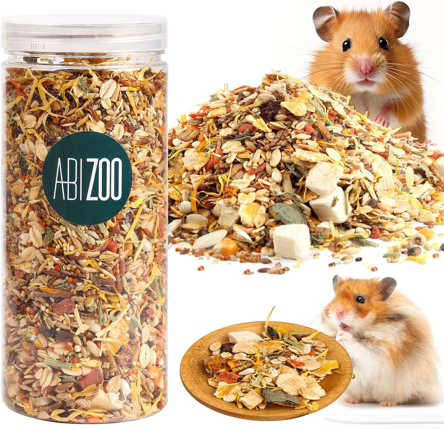 Abizoo Hamster and Gerbil Treat front view transparent canister showing natural seed and grain mix.