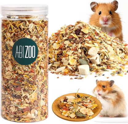 Abizoo Hamster and Gerbil Treat front view transparent canister showing natural seed and grain mix.