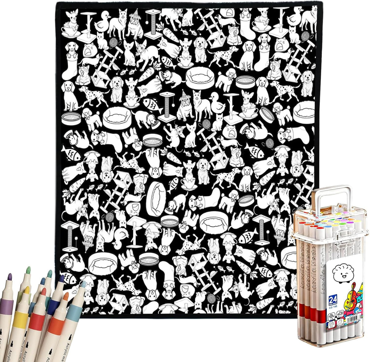 Generic DIY coloring blanket for adults front view featuring uncolored cats and dogs velvet pattern