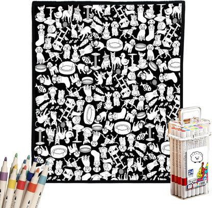 DIY Coloring Blanket for Adults - Color Your Own Blanket with 24 Markers, Washable Cozy Velvet Kit for Everyday Use & Home Decor that Adds a Unique Touch, Perfect for Birthday (Cats & Dogs) - Image 1