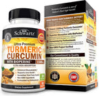 BioSchwartz turmeric bottle displayed with natural turmeric roots