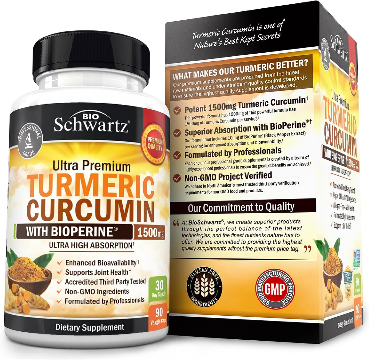 BioSchwartz turmeric bottle displayed with natural turmeric roots