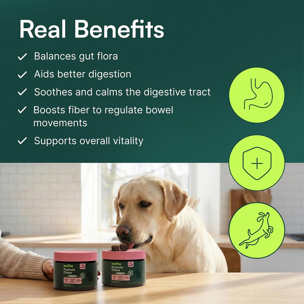 Close up of Wuffes gut balance soft chews for dogs