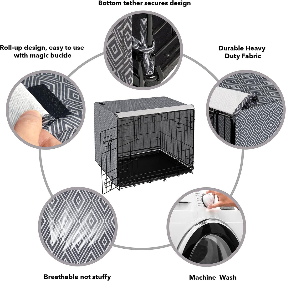Pet Prime indoor dog cage cover in black demonstrating secure hook and loop fasteners.