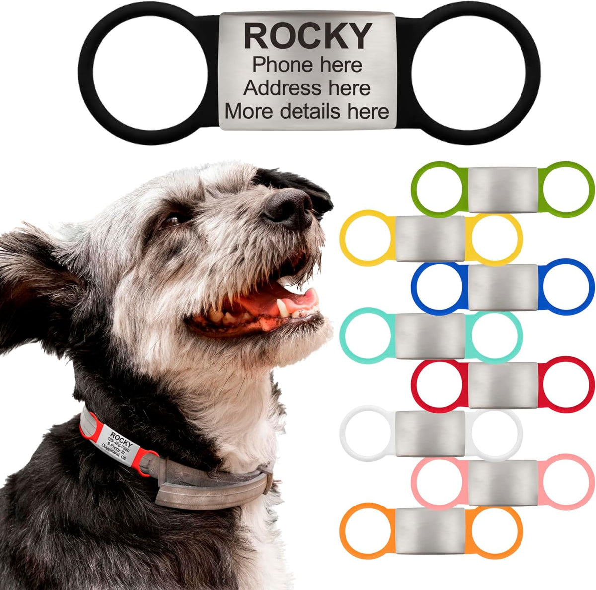 PAWNIMALS silent slide on pet tag front view displaying laser engraved name plate