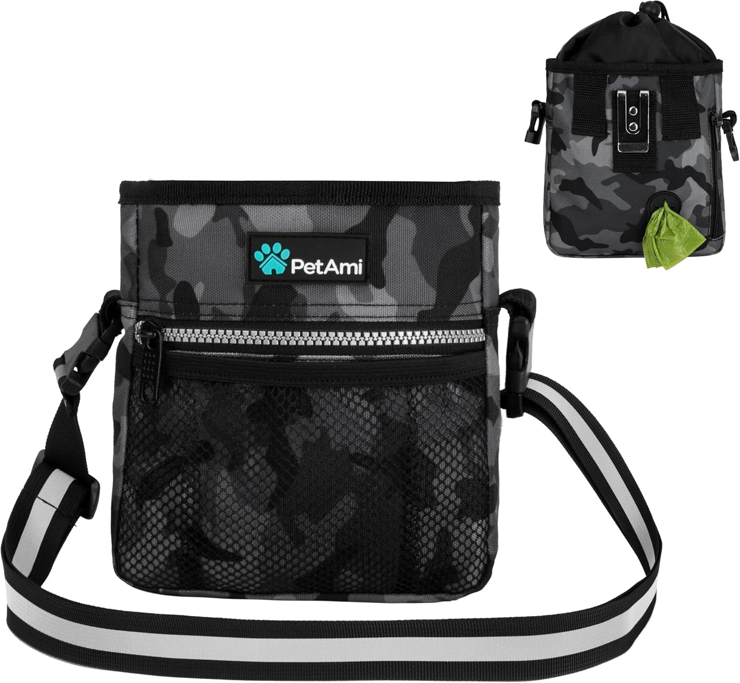 Purple multi-pocket dog trainer essential supplies bag with belt clip.