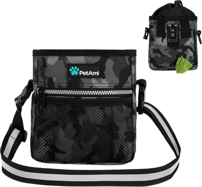 Purple multi-pocket dog trainer essential supplies bag with belt clip.