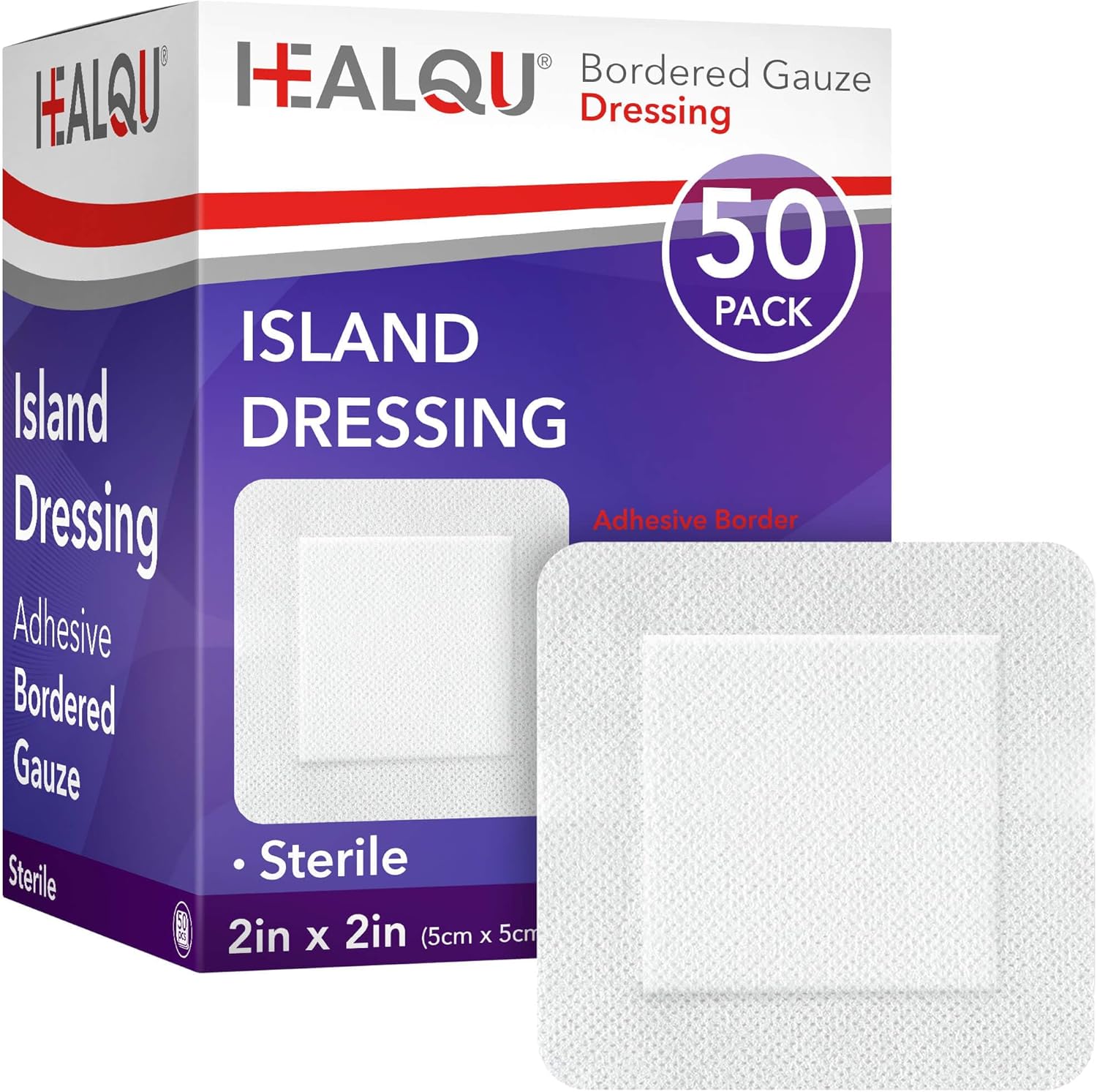 Healqu bordered gauze island dressing 50 count retail box front view showing sterile packaging details.