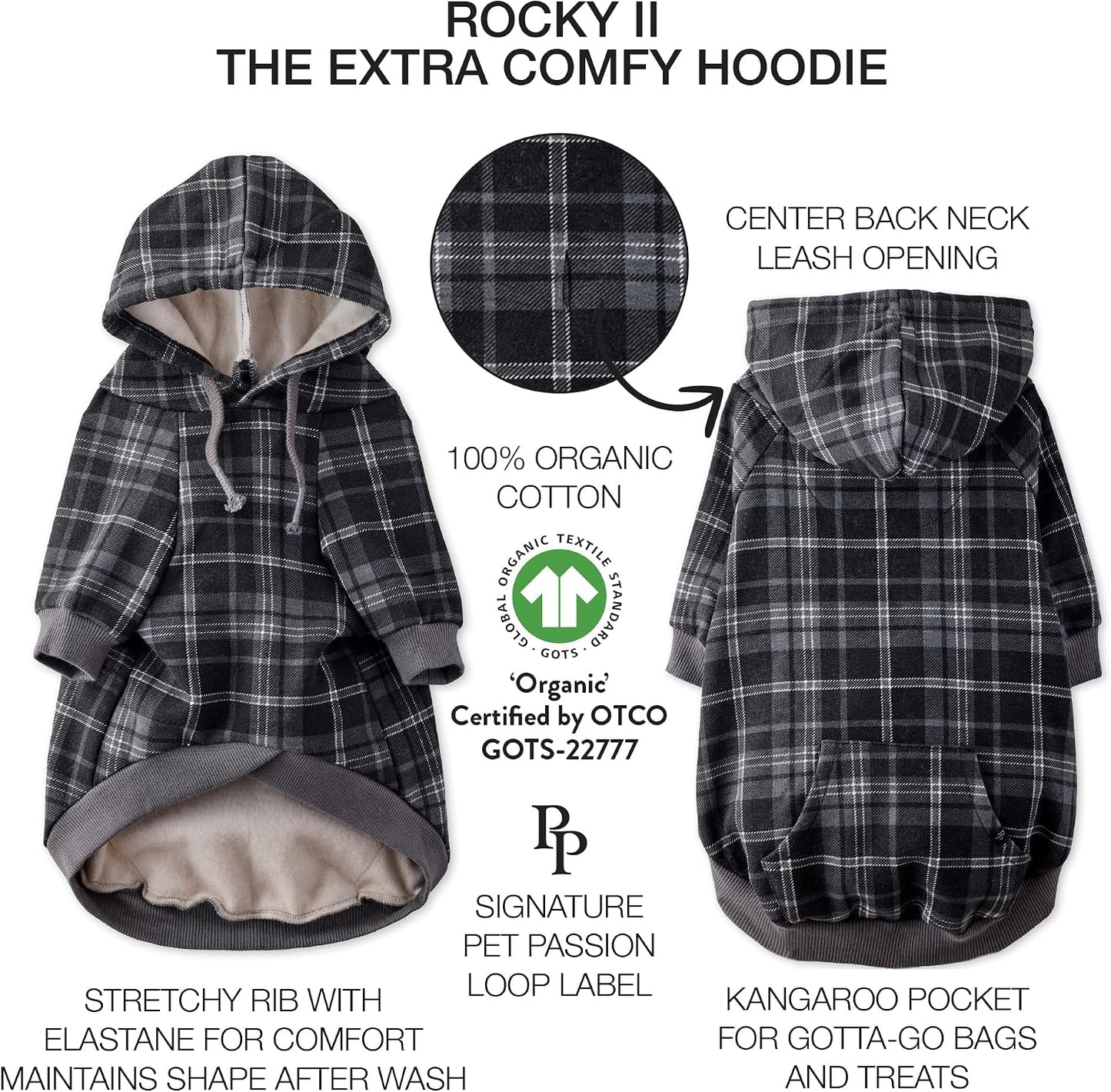 Pet Passion plaid dog sweatshirt brushed fleece interior close up.