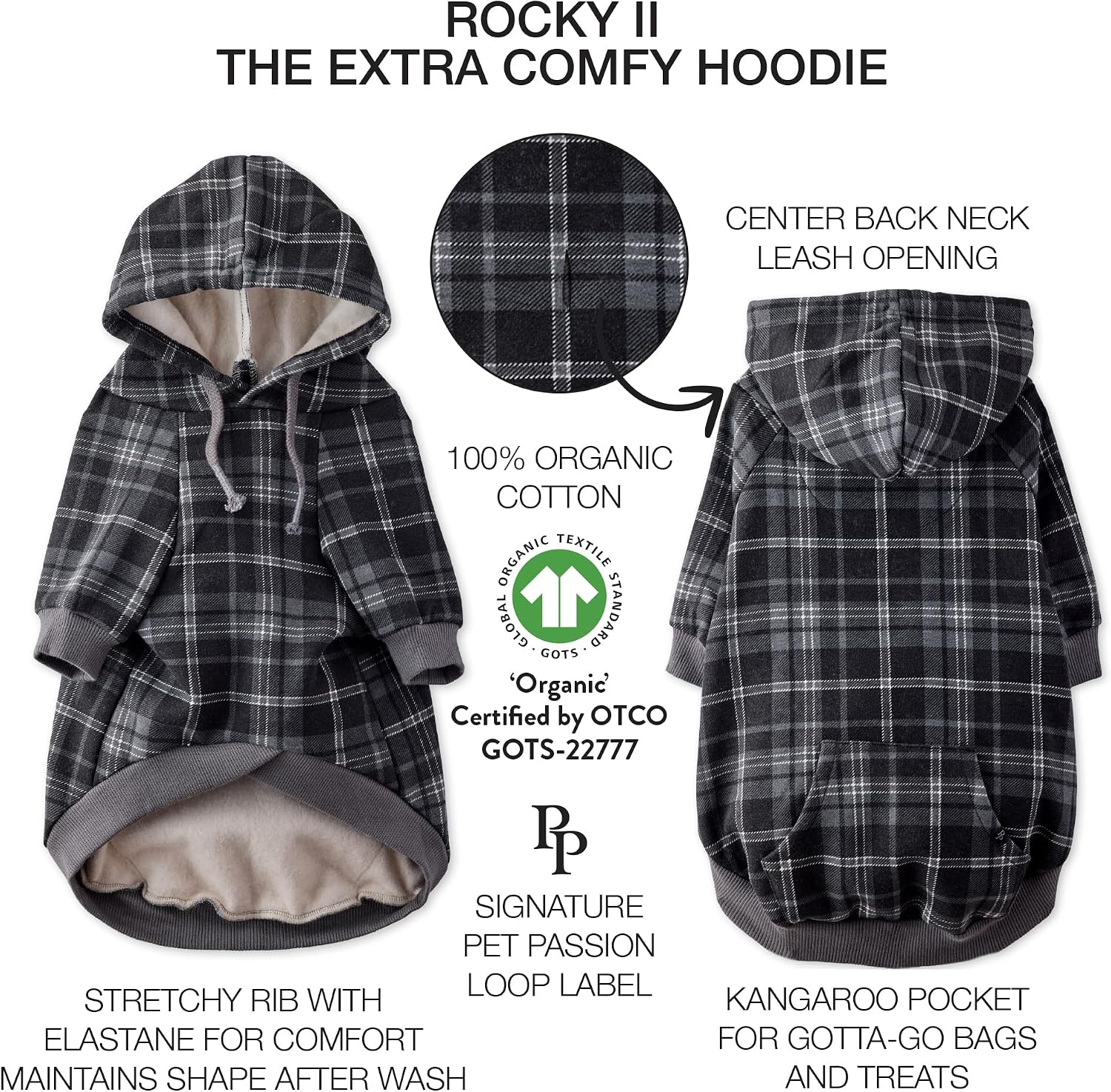 Pet Passion plaid dog sweatshirt brushed fleece interior close up.