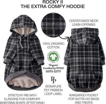 Pet Passion plaid dog sweatshirt brushed fleece interior close up.