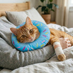 Side view of small cat wearing comfortable anti licking recovery donut