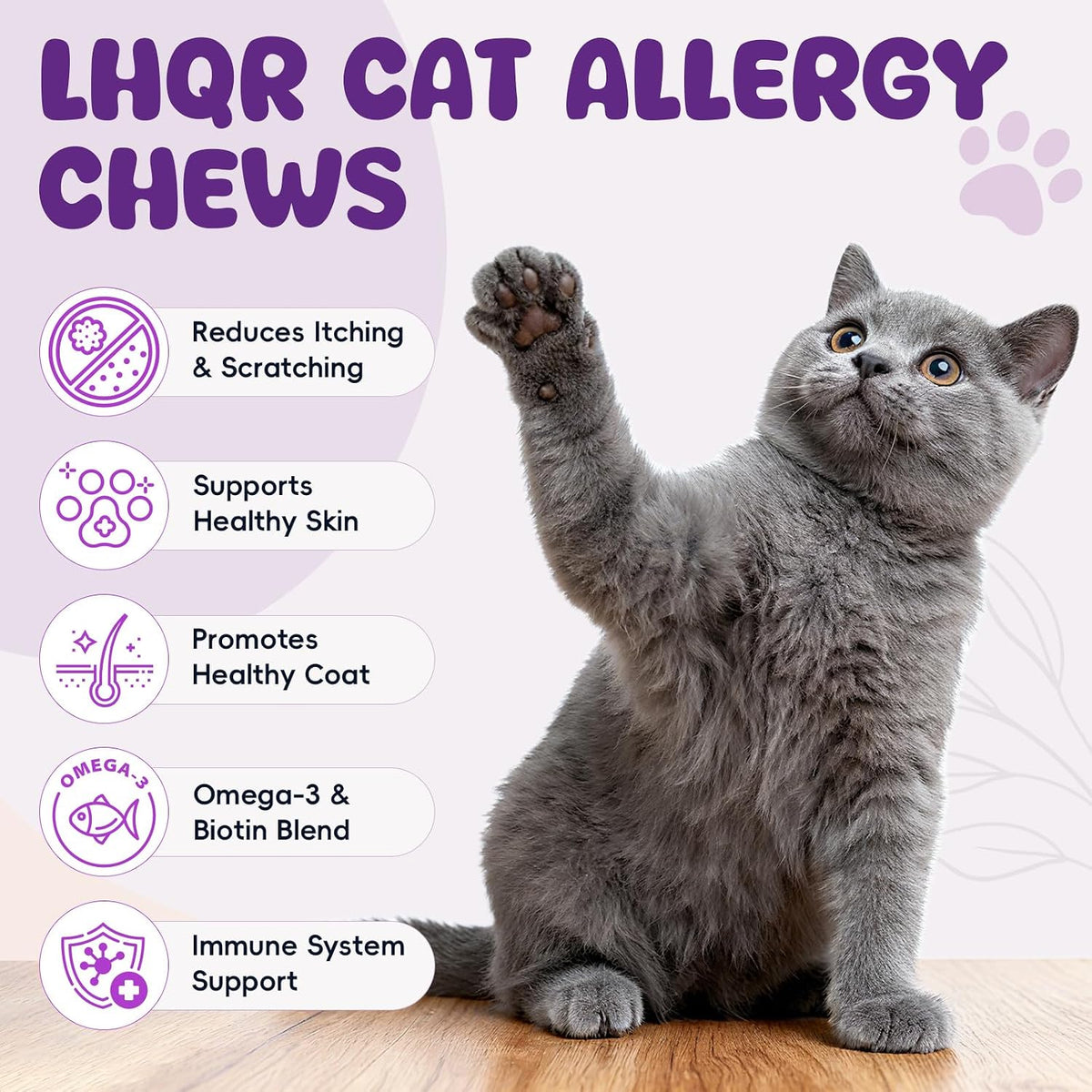 Omega 3 and probiotic cat supplement container showing 200 count soft chews.