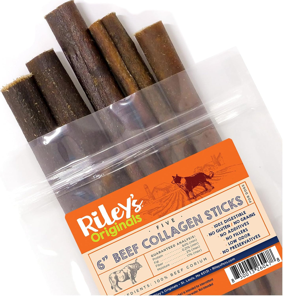 Rileys 6 inch beef collagen sticks for dogs front packaging