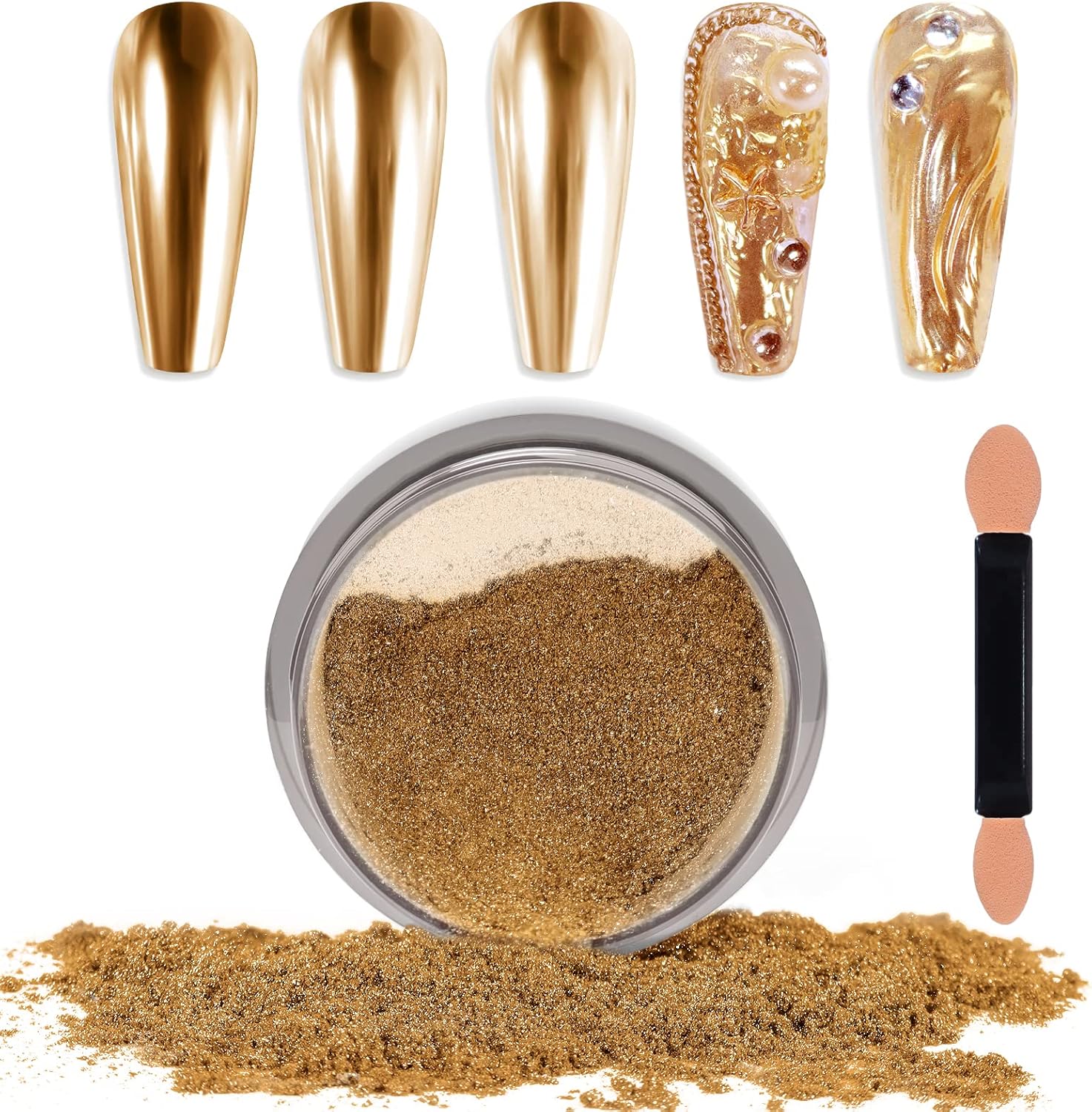 Laza gold chrome nail powder jar and sponge applicator set