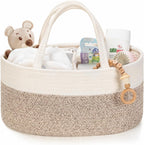 Kodomoore diaper caddy organizer front view white and beige woven basket