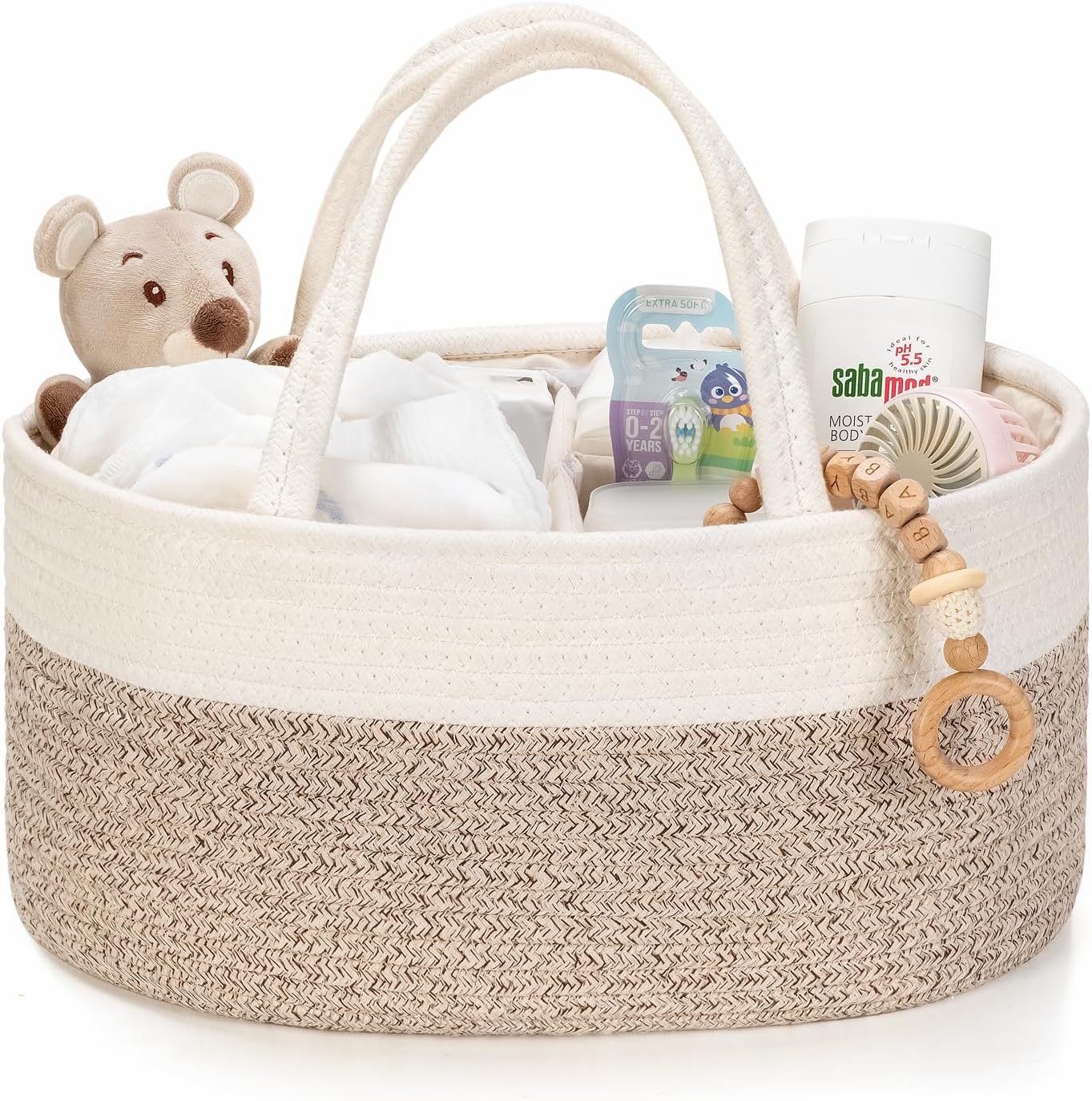 Kodomoore diaper caddy organizer front view white and beige woven basket